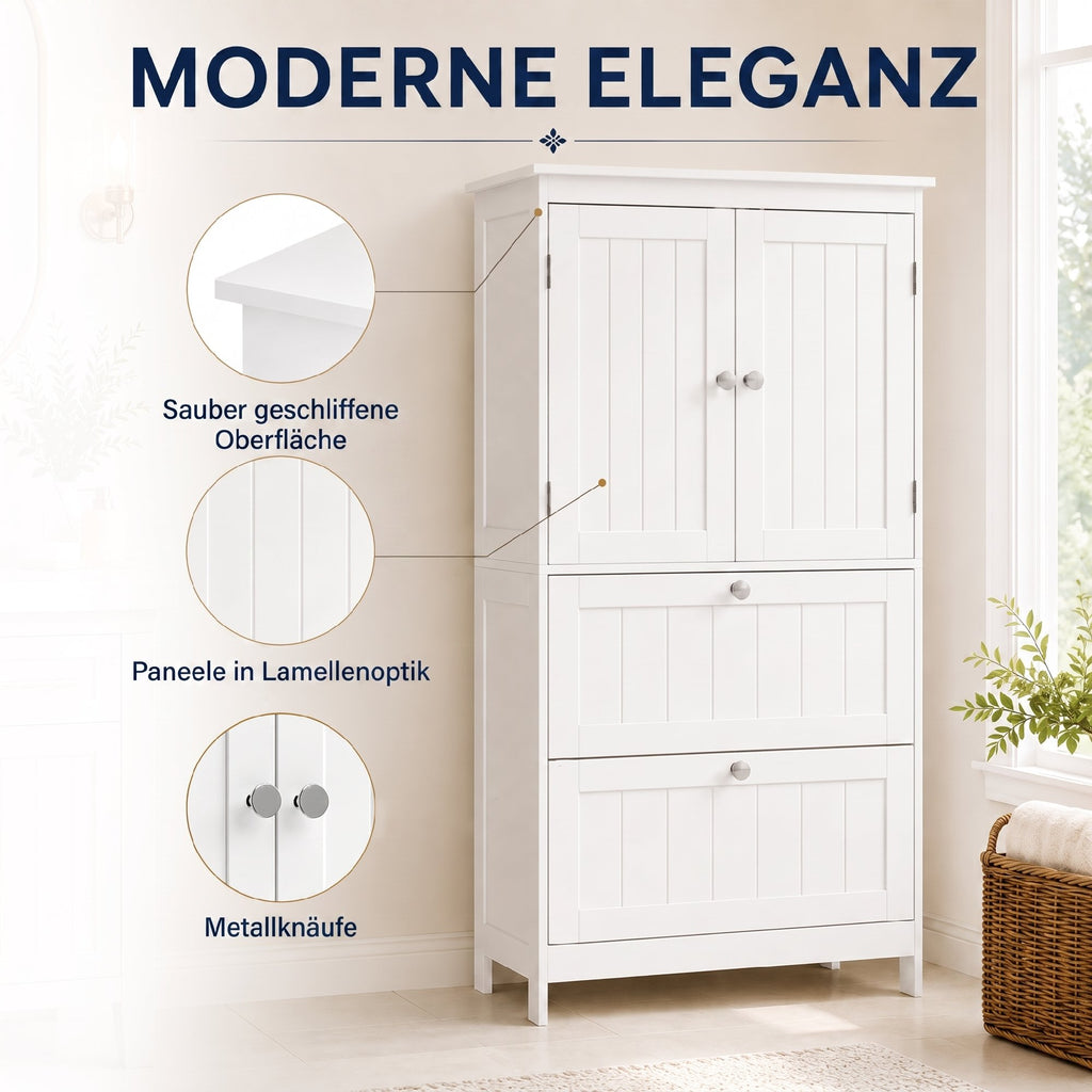 Badezimmerschrank mit 2 Schubladen, freistehend, mit verstellbarem Einlegeboden und Türen in Lamellenoptik, Weiß