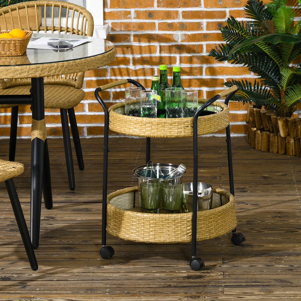 Outdoor Servierwagen, 2 Etagen, Bremsen, Polyrattan, Metallrahmen, ¦µ50 x 66H cm, Gelb