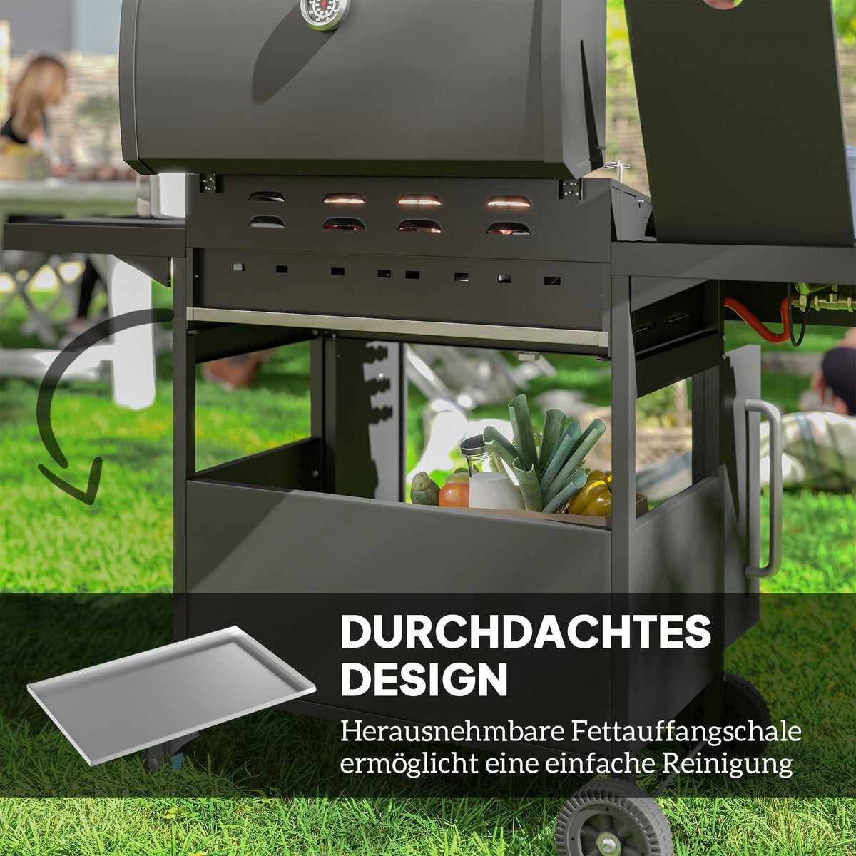 Gasgrill 15,2 KW Grillwagen inkl 5 Edelstahl-Brenner Rolle Seitenkocher 129,5 x 56 x 110 cm Schwarz