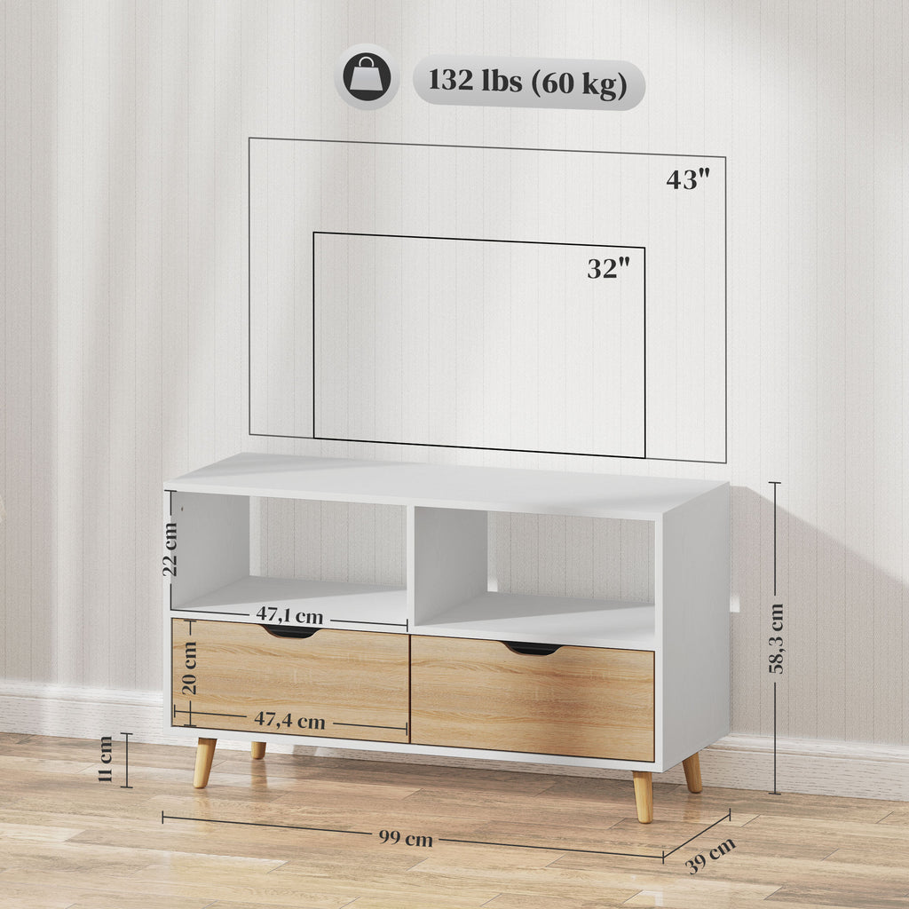 TV-Schrank, TV-Kommode mit Schubladen, Offene Regale, Holz, 99 x 39 x 58 cm, Wei?