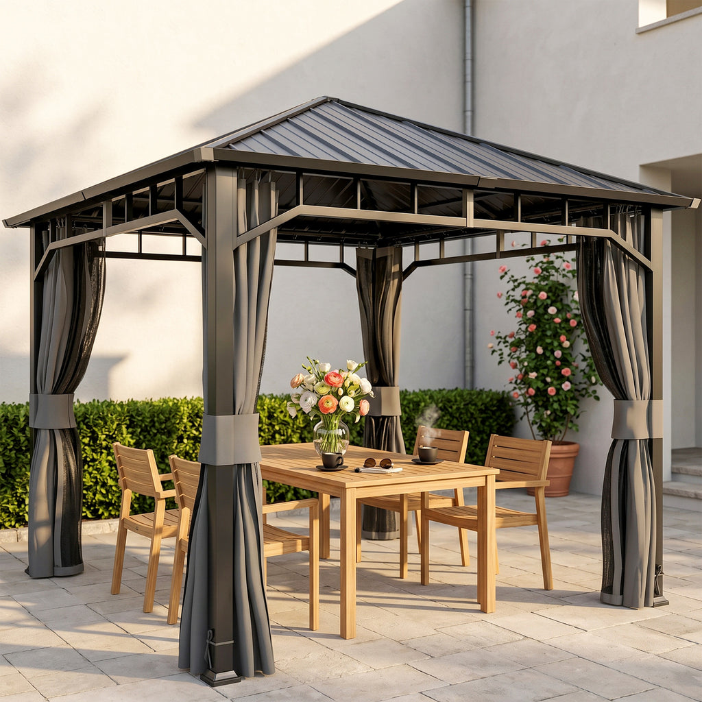 Pavillon 3 x 3 m Wasserdicht Stabil Winterfest Gartenpavillon mit Seitenteile, Netze, Haken Hardtop Dunkelgrau
