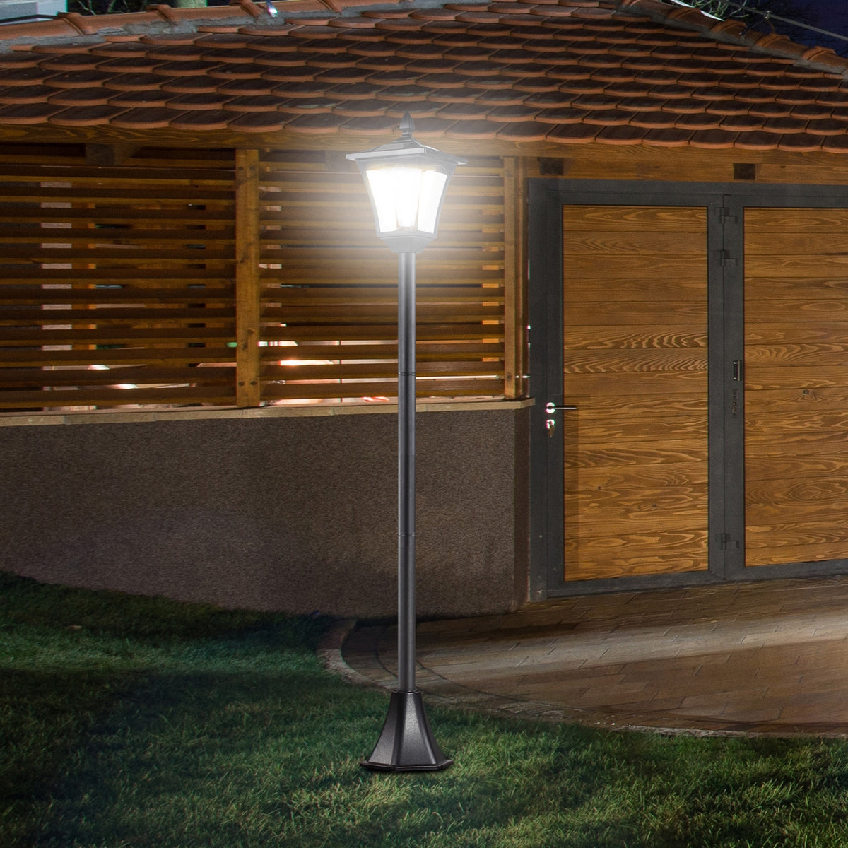 Outdoor Garden Solar Post Lamp Sensor Dimmable LED Lantern Bollard Pathway 1.6M Tall, Black