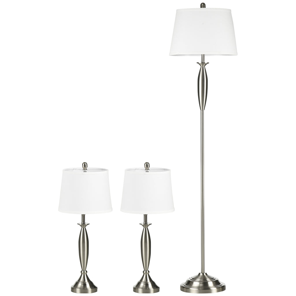 3-teiliges Leuchten-Set. 1 Stehleuchte, 2 Tischleuchten, Leinenoptik; 38 cm x 38 cm x 158 cm, Silber + Weiß