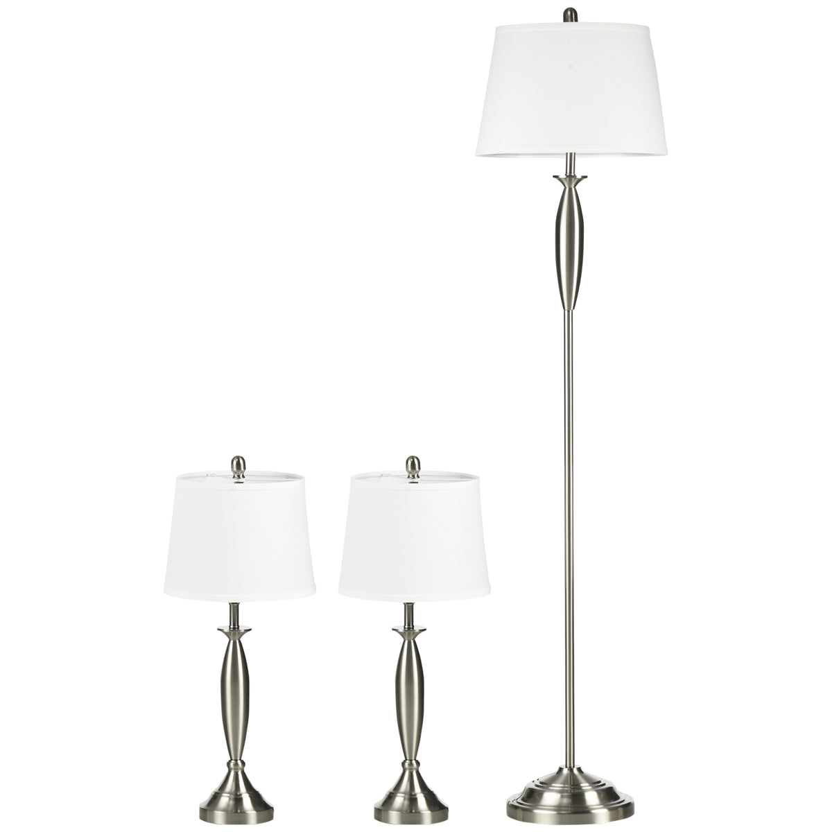 3-teiliges Leuchten-Set. 1 Stehleuchte, 2 Tischleuchten, Leinenoptik; 38 cm x 38 cm x 158 cm, Silber + Weiß