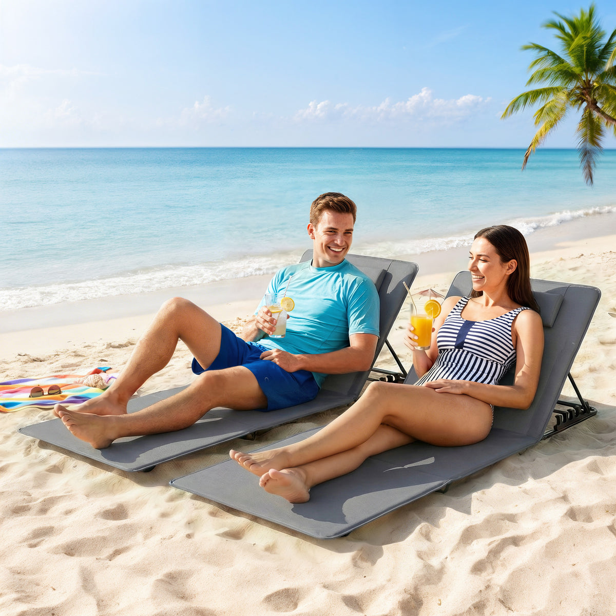 2er Set Strandmatte mit Verstellbarer Rückenlehne klappbar leicht Strandliege mit Kopfkissen Aufbewahrungstasche