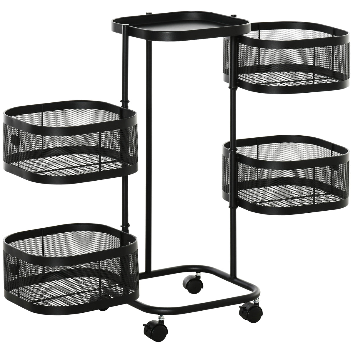Metal Storage Cart, 4-Tier Storage Trolley on Wheels with 4 Mesh Baskets and Top Tray, Black