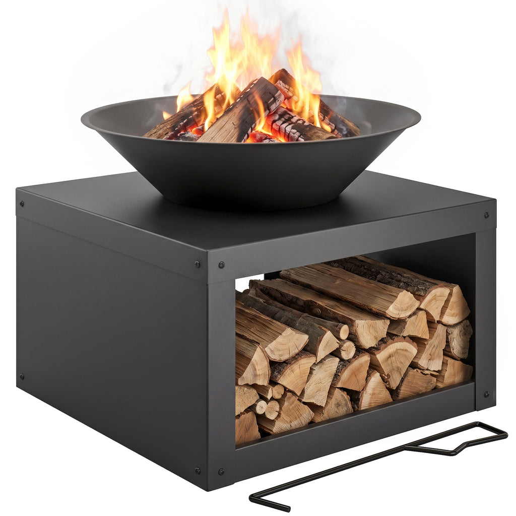 Feuerschale Ø59 cm Feuerstelle mit Holzablage, Schürhaken, Holz & Kohle nutzbar, Rund Schwarz
