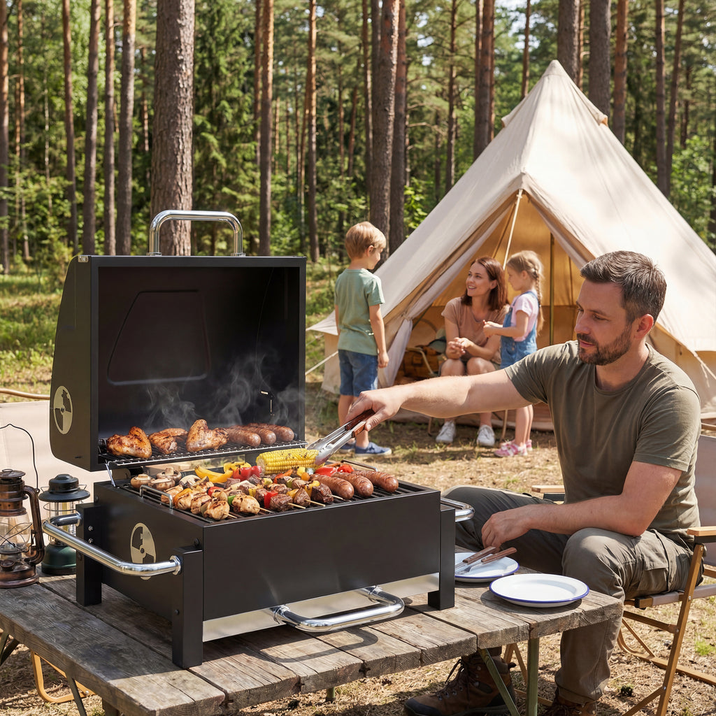 Holzkohlegrill aus Stahl tragbarer BBQ Smoker mit Deckel verstellbare Lüftung zweistufige Kohlepfanne Thermometer