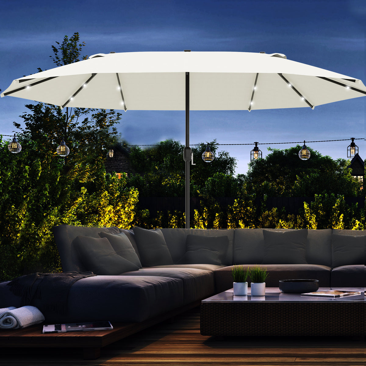  4.4m Double-Sided Sun Umbrella Patio Parasol LED Solar Lights Cream White