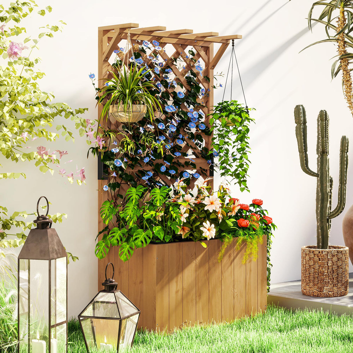 Hochbeet Pflanzkasten mit Rankgitter, Spalier Pflanzk¨¹bel Blumenkasten Holz, Gartenspalier 64 x 33 x 122cm Naturholz