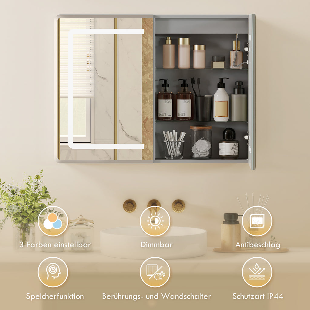 Mirrored Bathroom Cabinet with LED Lights, 60 x 80 cm Bathroom Mirror Cabinet with Anti-Fog, 3 Colour Dimmable Lighting