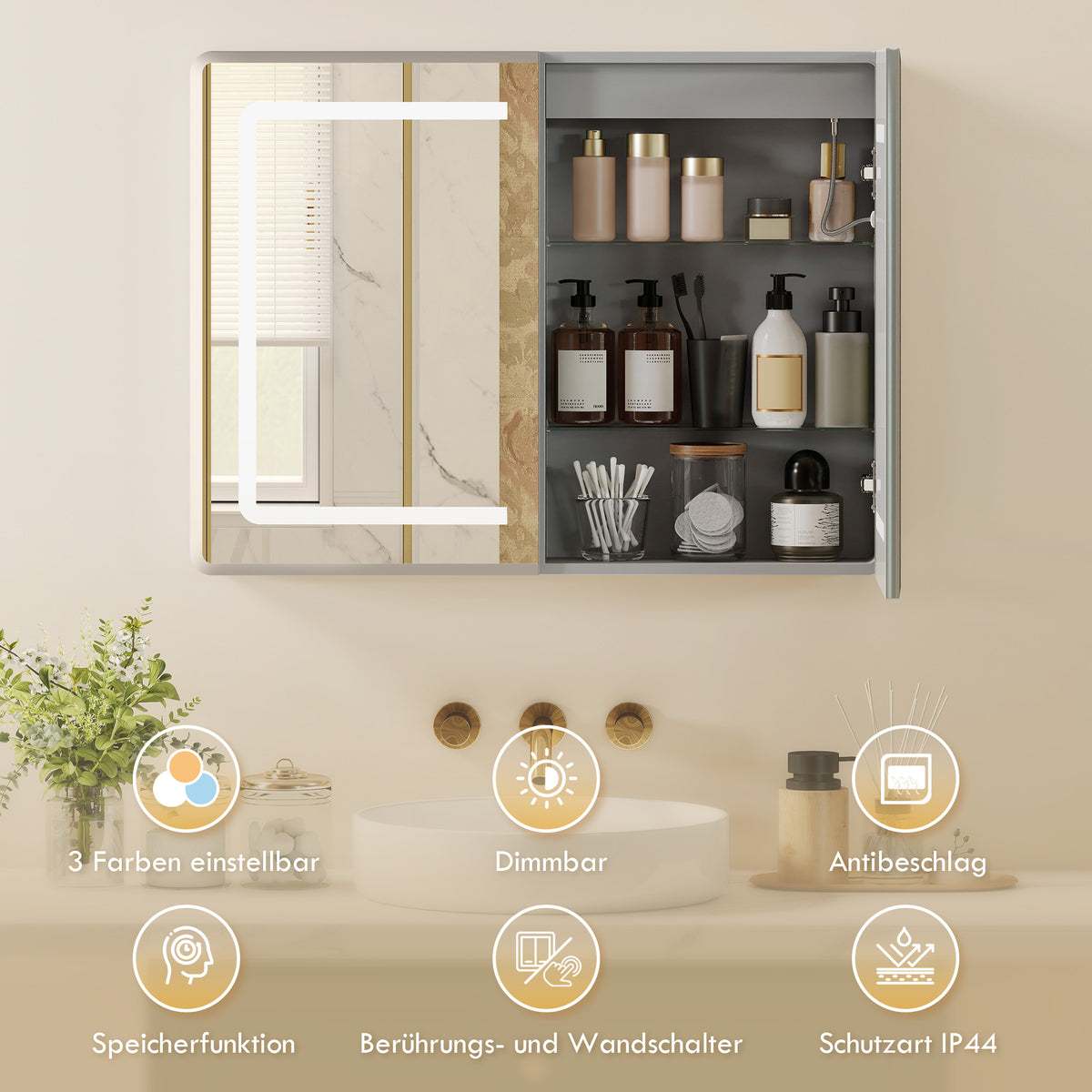 Mirrored Bathroom Cabinet with LED Lights, 60 x 80 cm Bathroom Mirror Cabinet with Anti-Fog, 3 Colour Dimmable Lighting