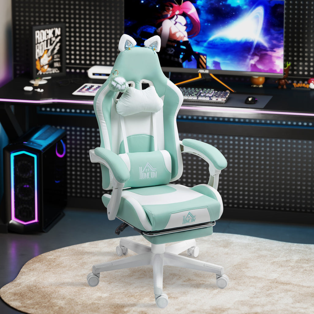 Gaming-Sessel mit Katzenohren, neigbare Lehne, ausziehbare Fu?st¨¹tze, bis 120 kg belastbar, Tiffanyblau