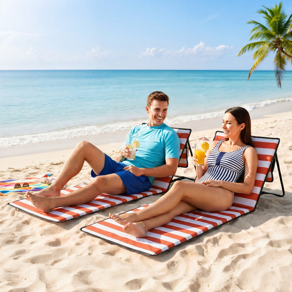 Set of 2 Foldable Garden Beach Chair Mat, Outdoor Sun Lounger Seats with Adjustable Back, Magazine Pocket, Carry Strap