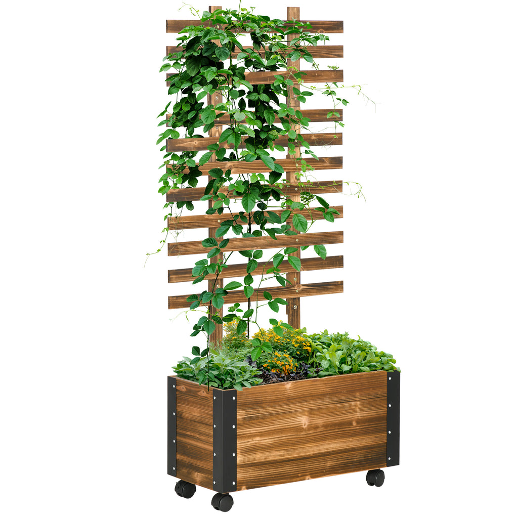 Raised Garden Bed with Trellis, Outdoor Wooden Planter Box with Metal Corners and Wheels, Raised Bed for Garden