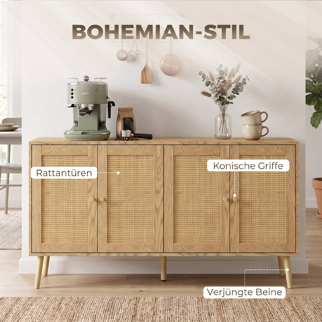 Sideboard Küchenschrank mit 4 Soft-Close-Türen 140x40x75 cm Natur