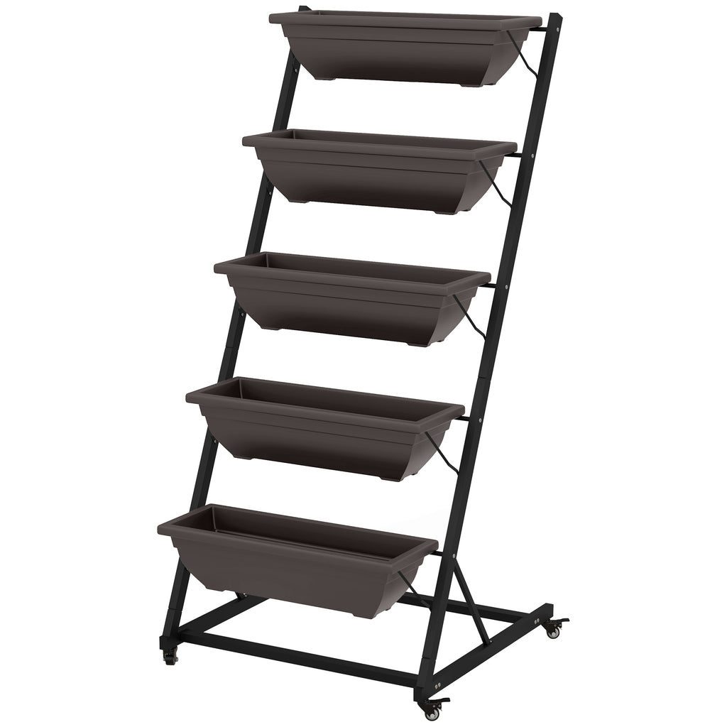 5-Etagen Pflanzenst?nder, 145 cm hoch Blumenst?nder mit Rollen T?pfe, Pflanzenregal aus Stahl Braun