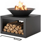 Feuerschale Ø59 cm Feuerstelle mit Holzablage, Schürhaken, Holz & Kohle nutzbar, Rund Schwarz