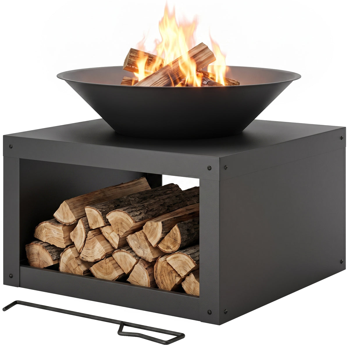 Feuerschale Ø59 cm Feuerstelle mit Holzablage, Schürhaken, Holz & Kohle nutzbar, Rund Schwarz