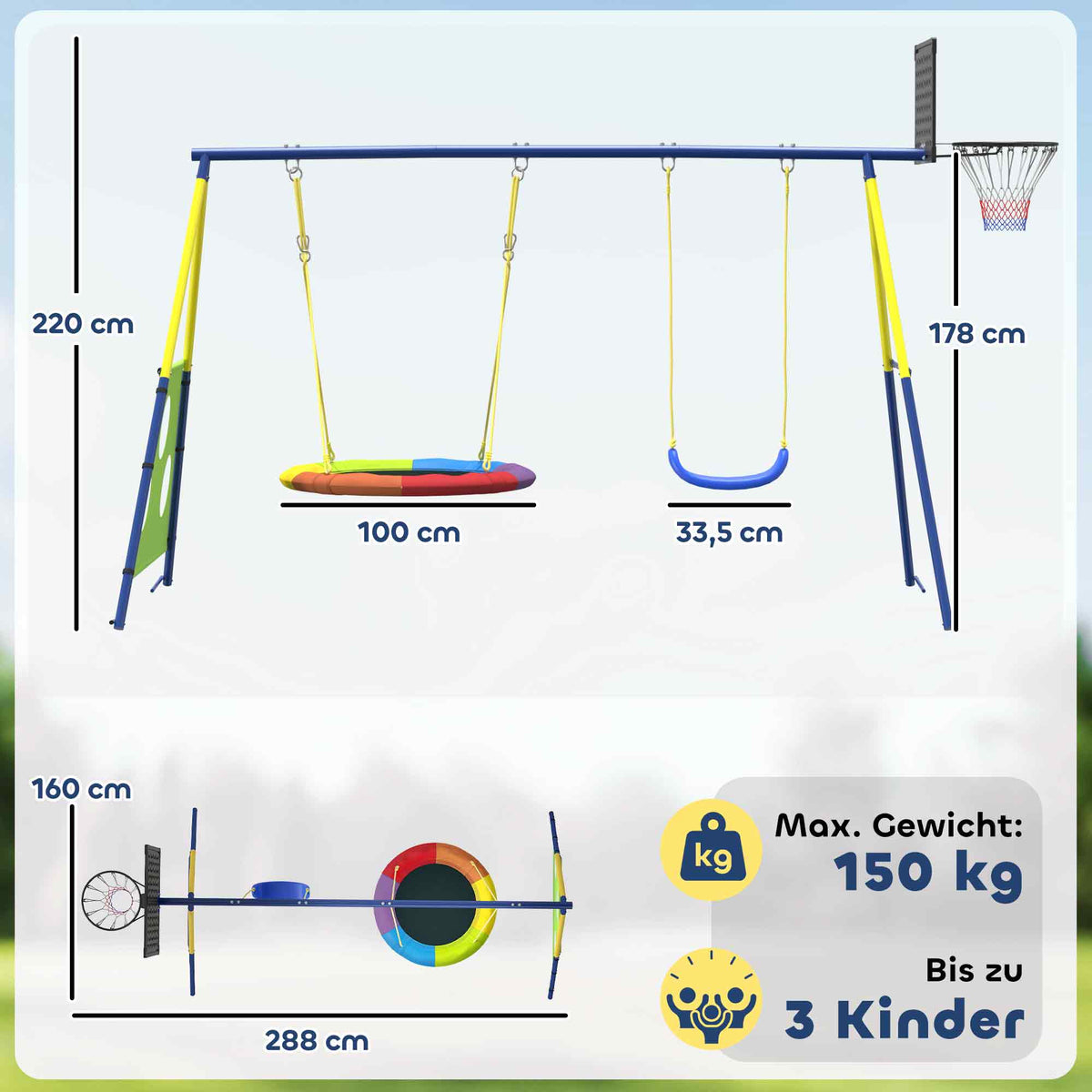 4-in-1 Kids Swing Set with Saucer Swing, Basketball Hoop and Football Goal, Outdoor Playground Playset for Garden