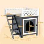 Katzenhaus, zweistöckig, mit Balkon und Treppe, für drinnen und draußen, für Katzen und Kaninchen, Tannenholz, Grau