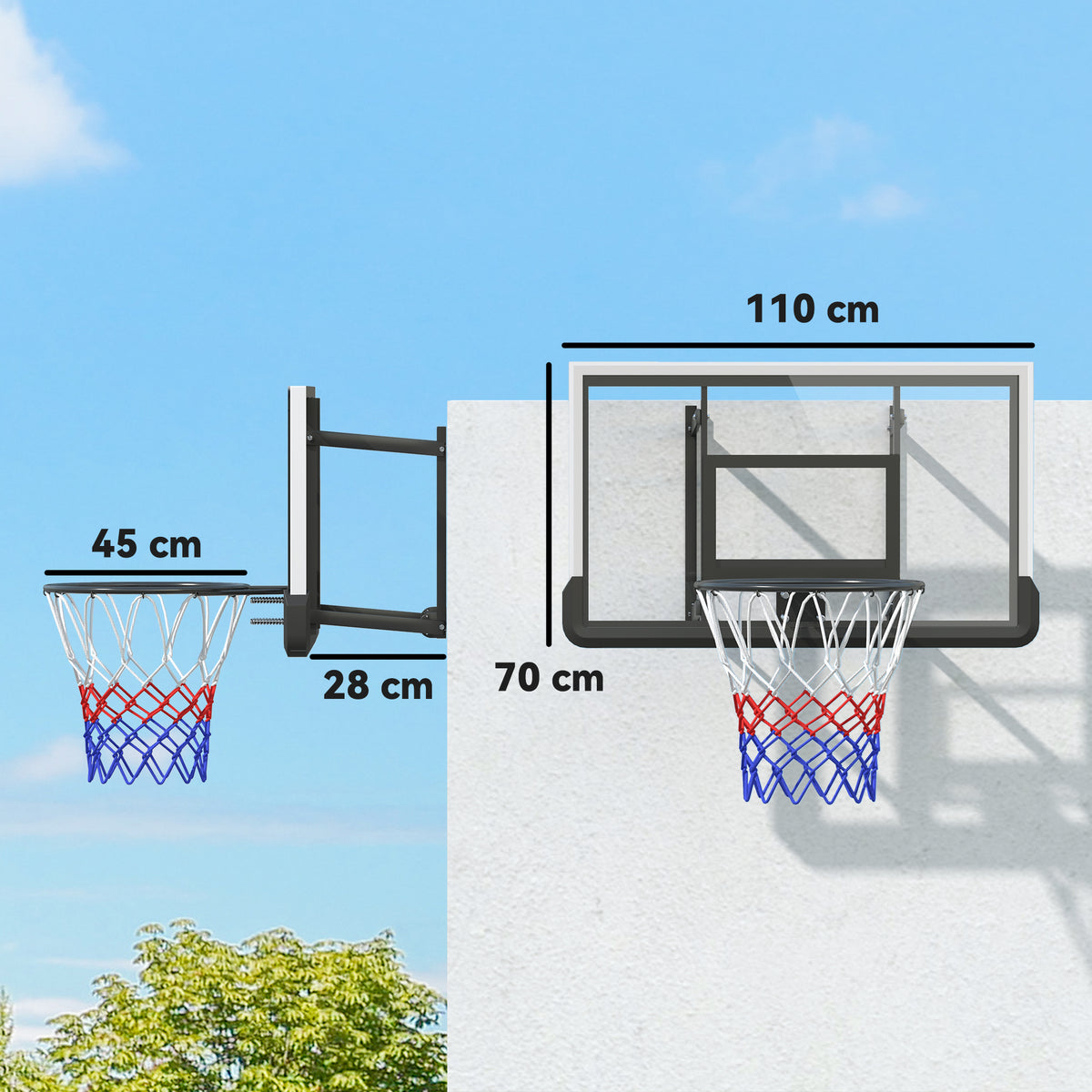 Basketballkorb für Wandmontage, gefederter Korb, bruchsichere Rückwand, Schwarz