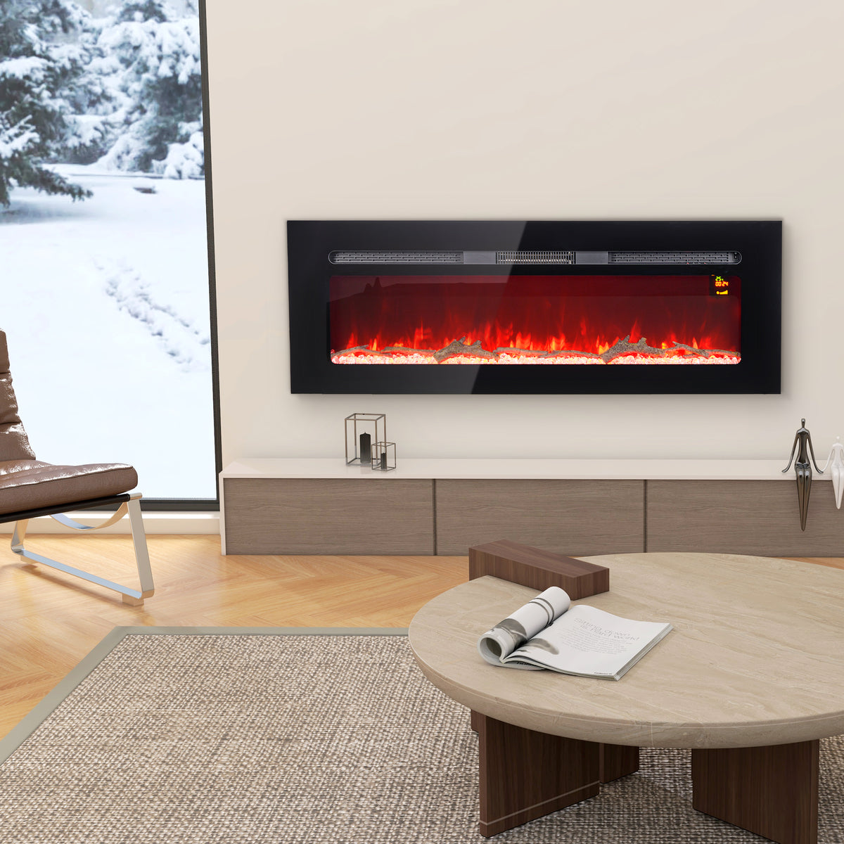 Elektrischer Kamin mit Wandhalterung und Fernbedienung, künstliche Holzscheite und Kristalle, 1800W Leistung, Schwarz