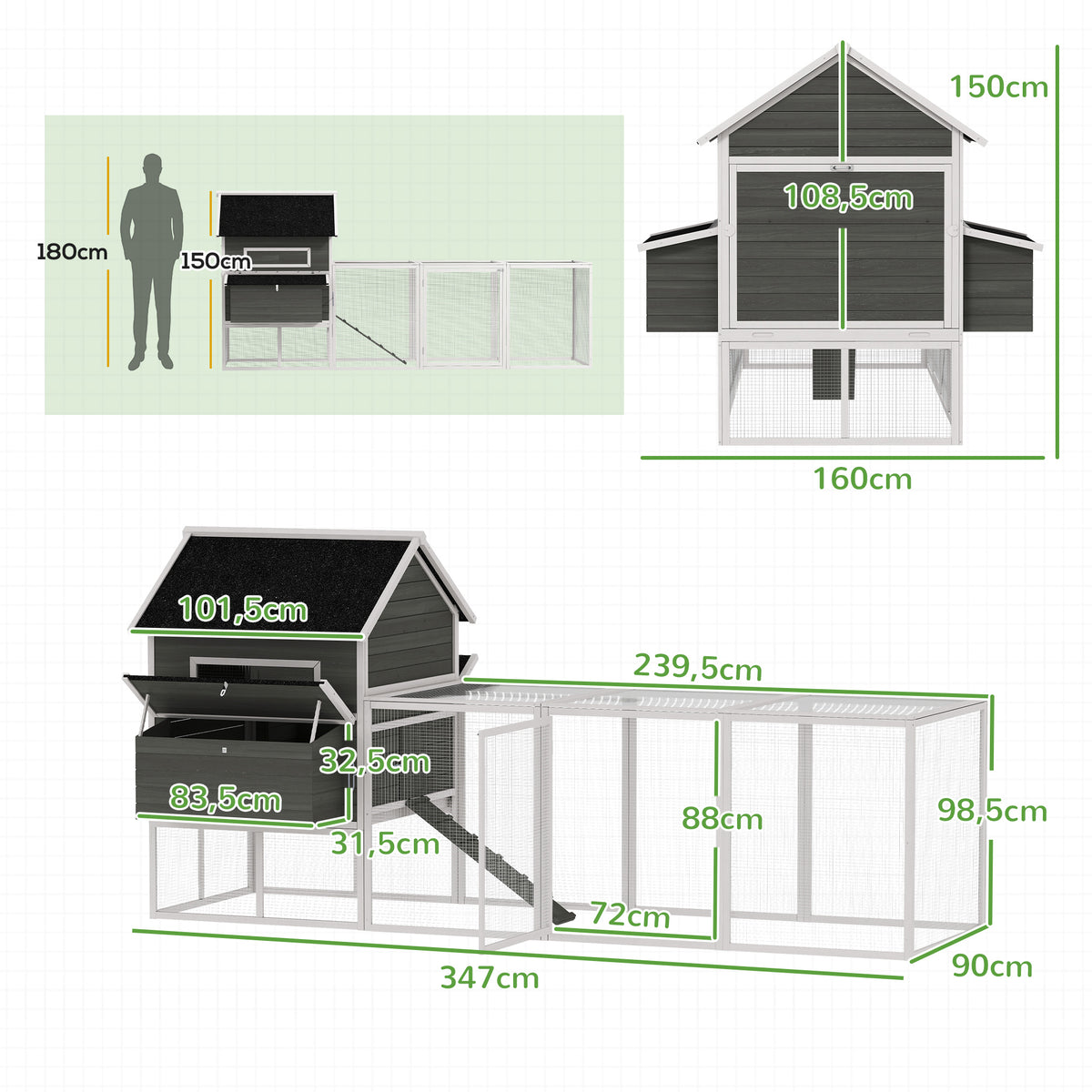 Hühnerstall aus Holz mit Auslauf Nistkasten Asphaltdach herausziehbar Tablett für 4-6 Hühner 347x160x150 cm Dunkelgrau