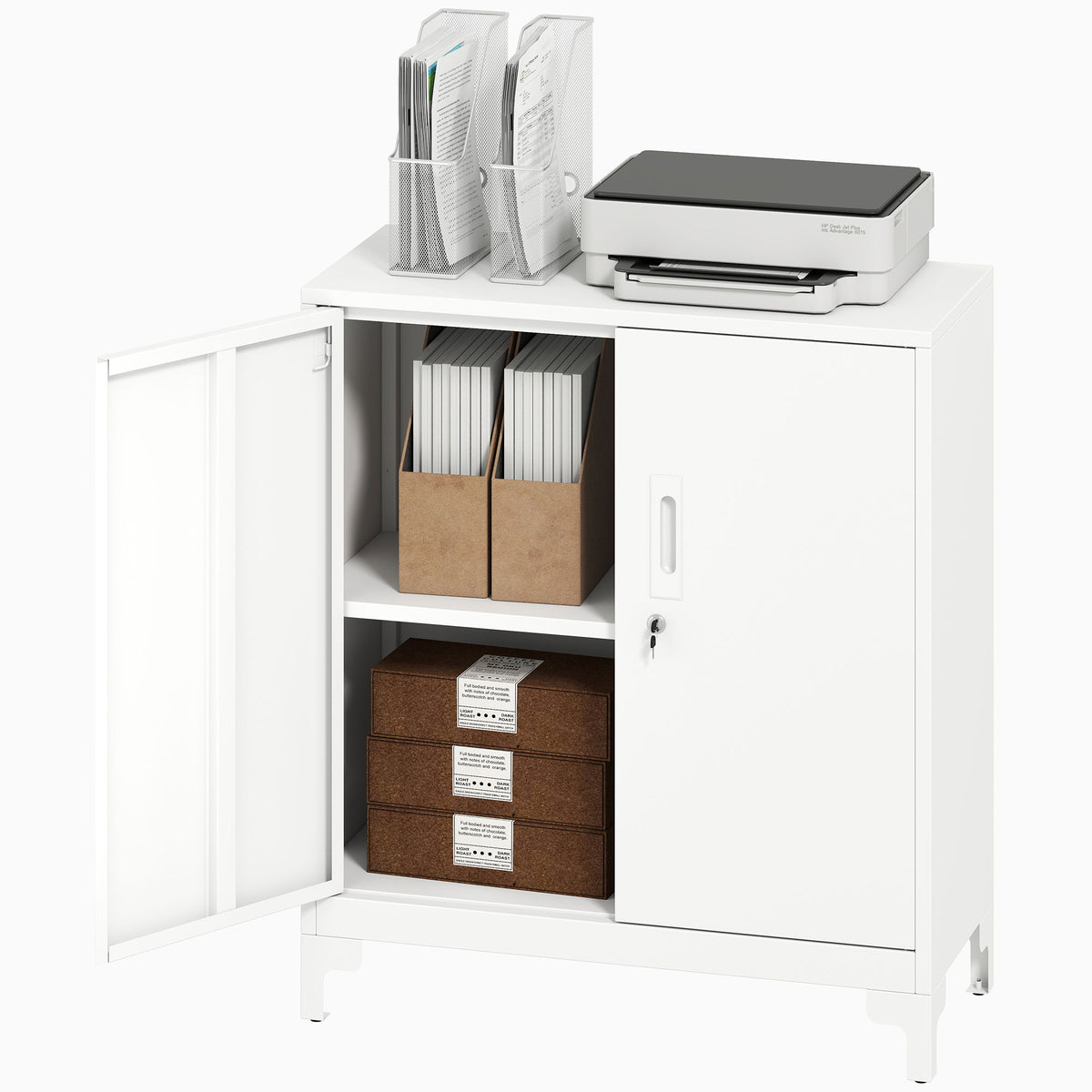 B¨¹roschrank aus Metall, verschlie?bare T¨¹ren, B¨¹rokommode, 2-stufiges Design, Wei?