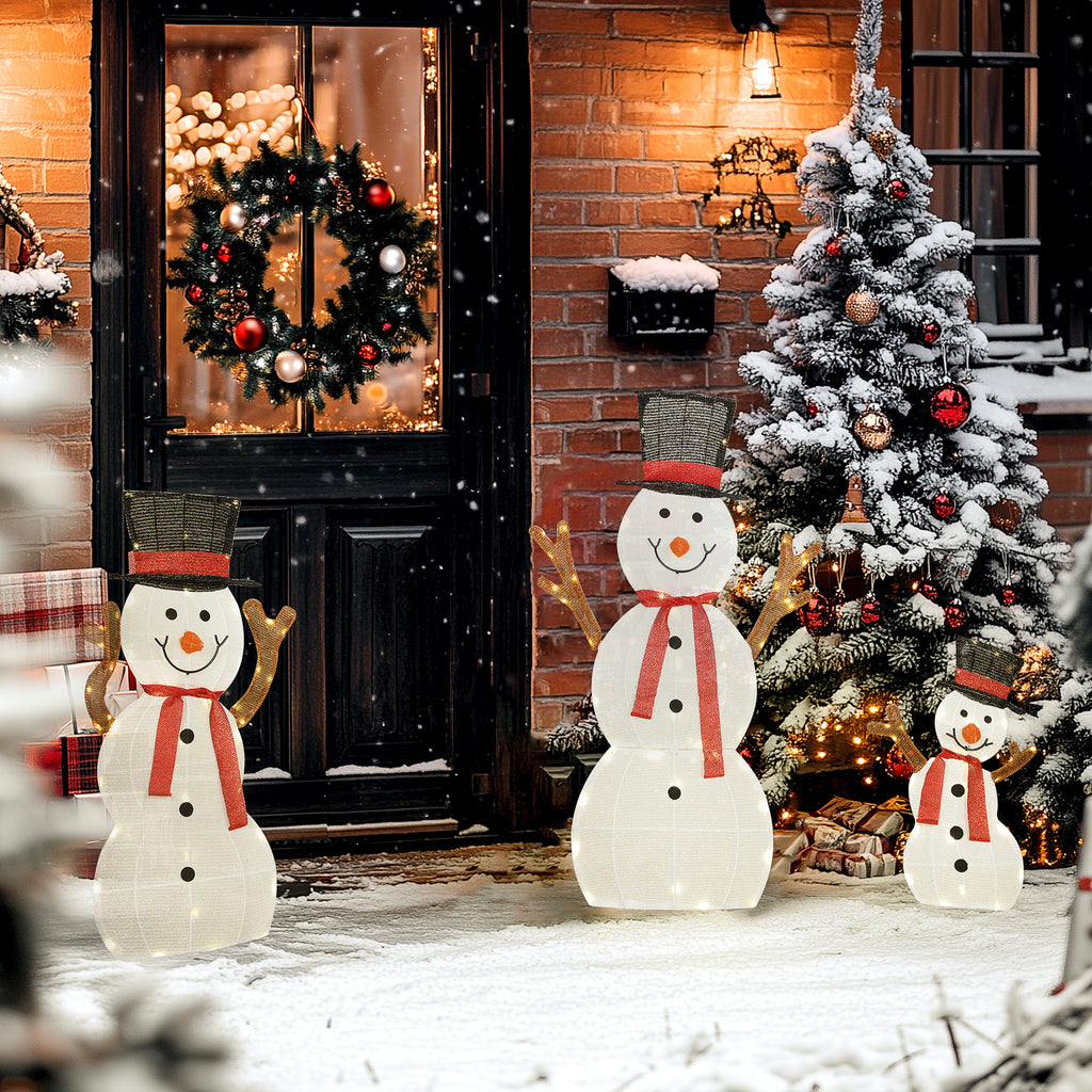 3-teilige weihnachtliche Schneemann-Familie, Außendekoration, LED-Lichter, Bodenpfähle, wasserfest, Stahl, Polyester, Weiß