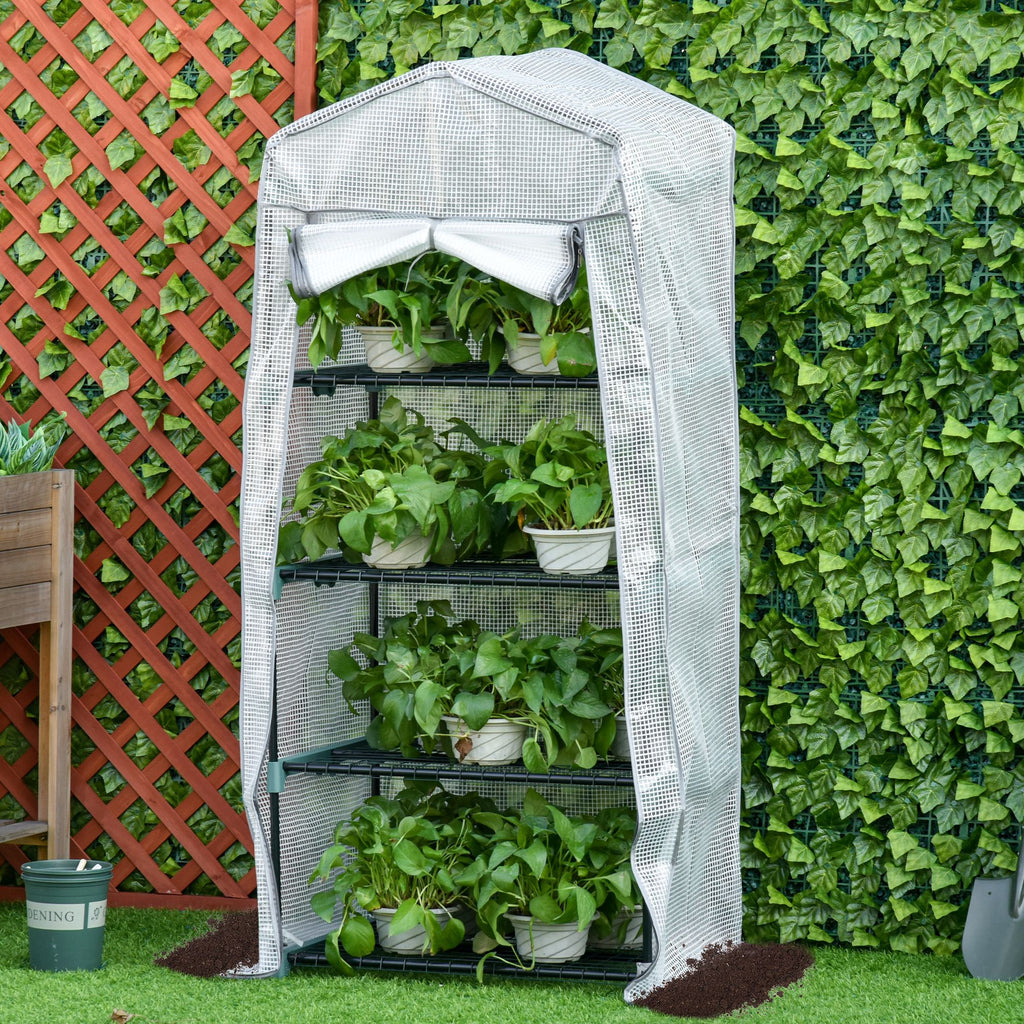 4 Tier Mini Portable Greenhouse Compact Plant Grow Shed Metal Frame PE Cover with Lockable Rolling Wheels, White