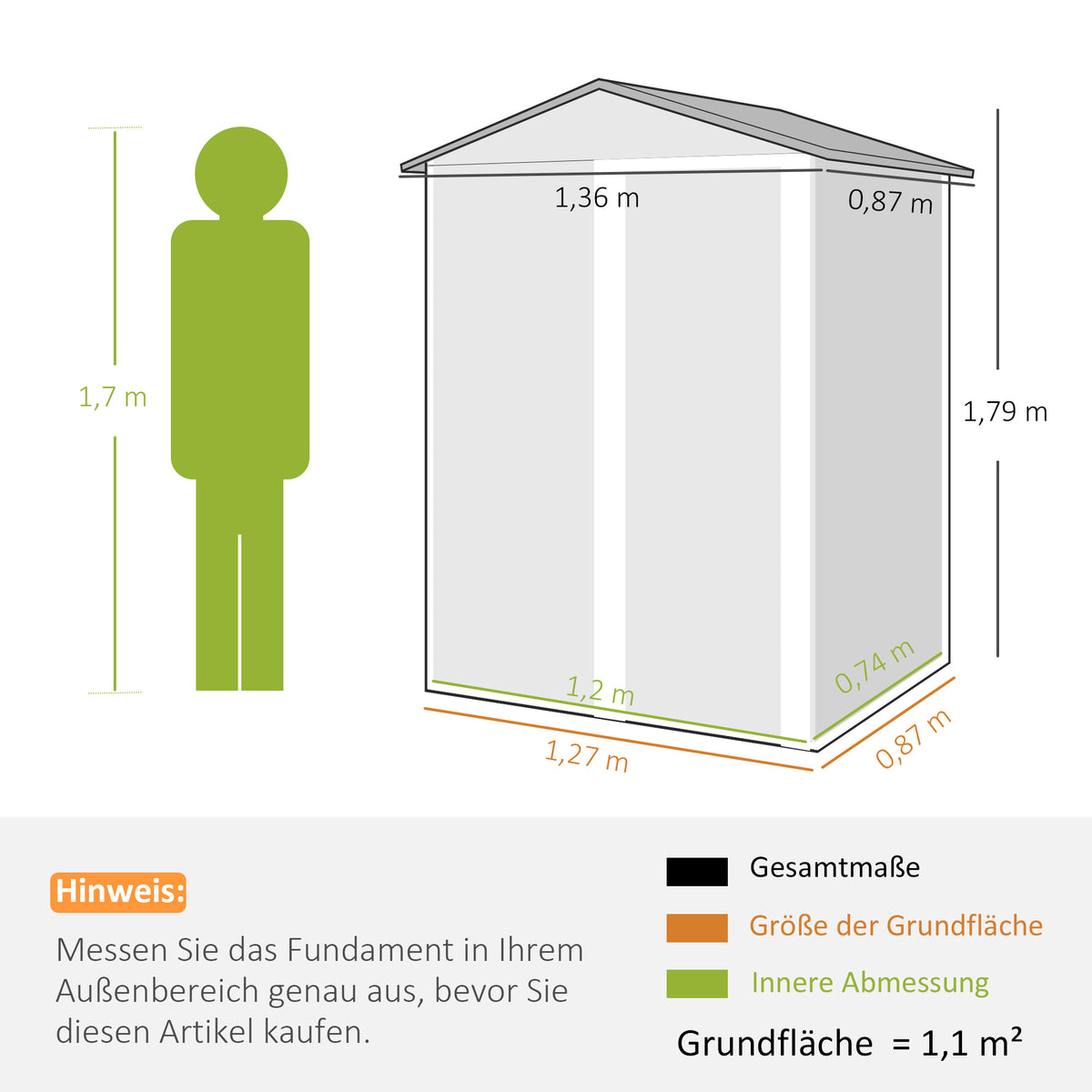 Metall Gerätehaus 1,1 m², Geräteschuppen mit Sattedach Abschließbarer Schiebetür Handschuhen, 136 x 87 x 176 cm