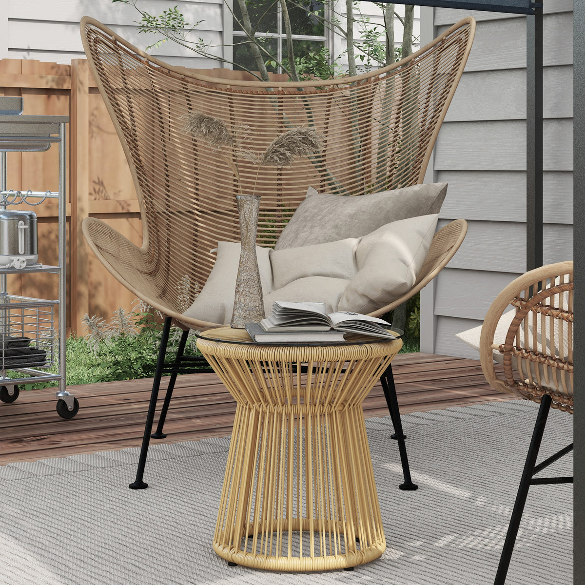 Outdoor-Beistelltisch Gartentisch Rattan-Beistelltisch, Glasplatte, PE-Rattan, 40 cm x 40 cm x 42 cm Beige