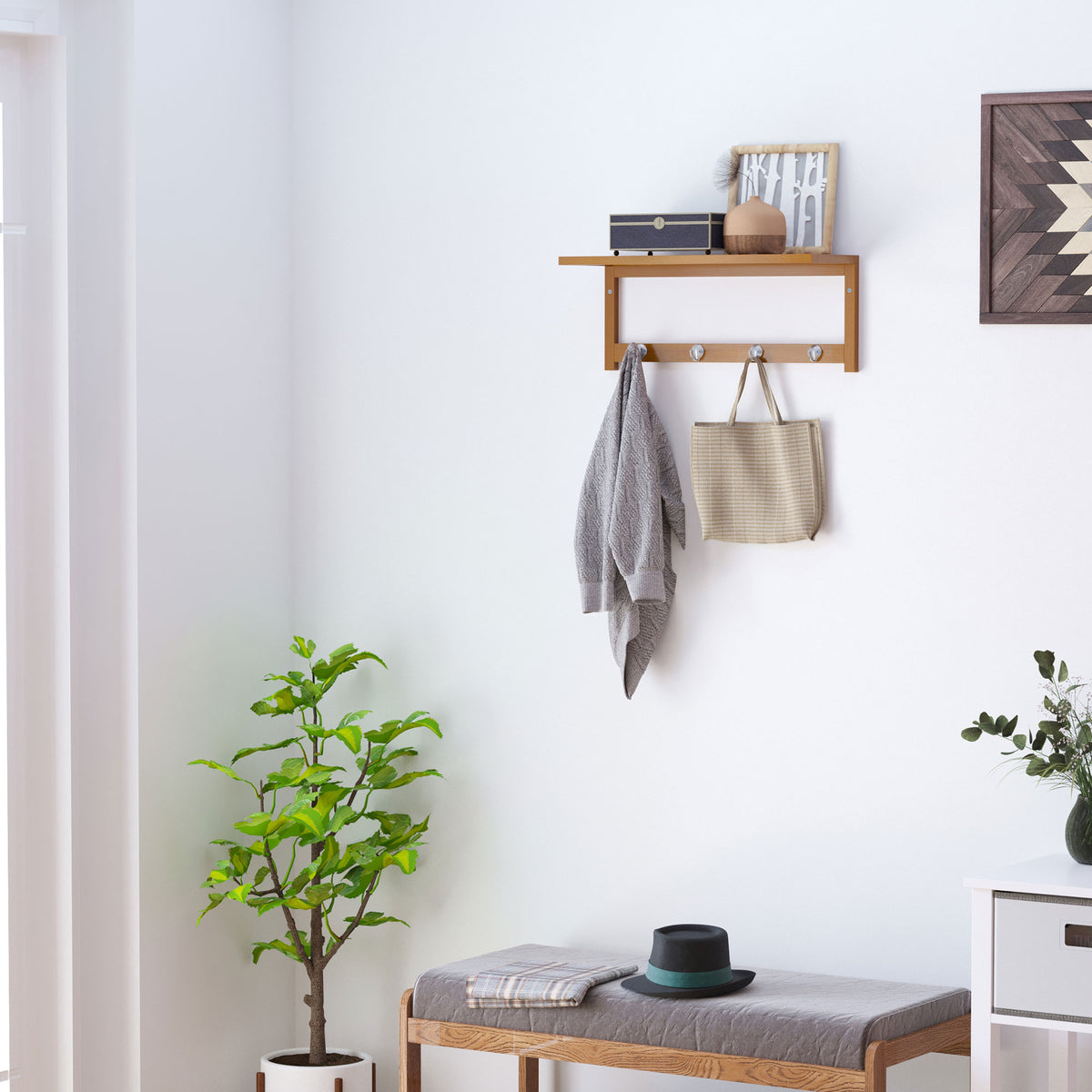 Wandgarderobe Garderobe mit Haken Wandmontage platzsparend 5 kg belastbar, 50 x 16 x 17,5 cm Naturholz
