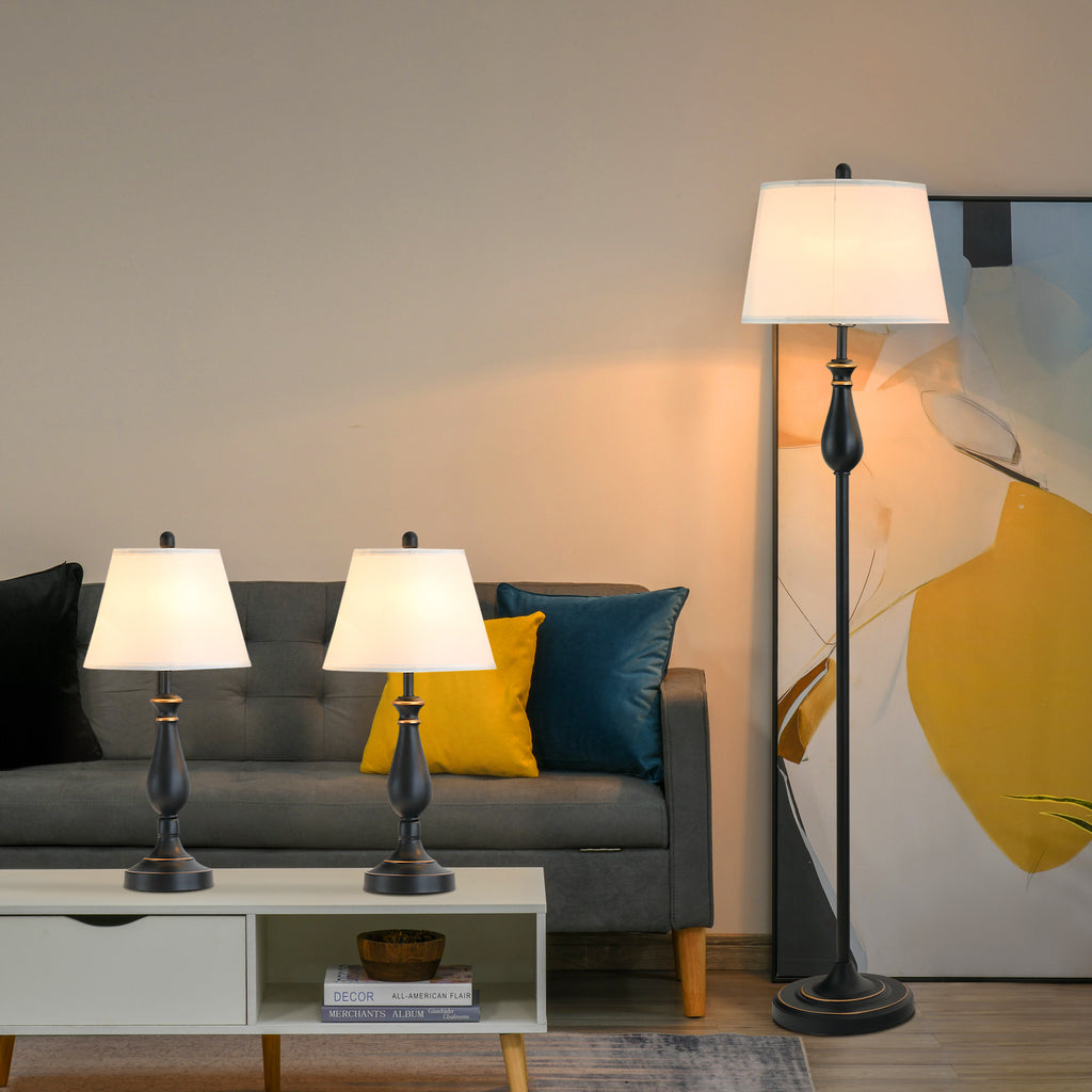 3er-Set Stehlampen-Set inkl. 2 Tischleuchten, 1 Stehleuchte, Tischlampen-Set mit E27 Fassung, Lampenschirm aus Leinen Standlampe für Wohnzimmer, Schlafzimmer, Weiß+Schwarz