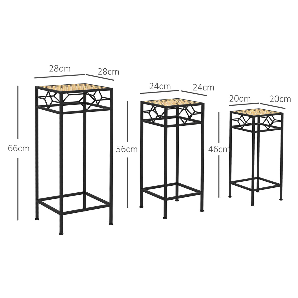 Blumenst?nder, 3er-Set, rund, stapelbar, Rattanoptik, Metallbeine, In- und Outdoor, Schwarz/Gold