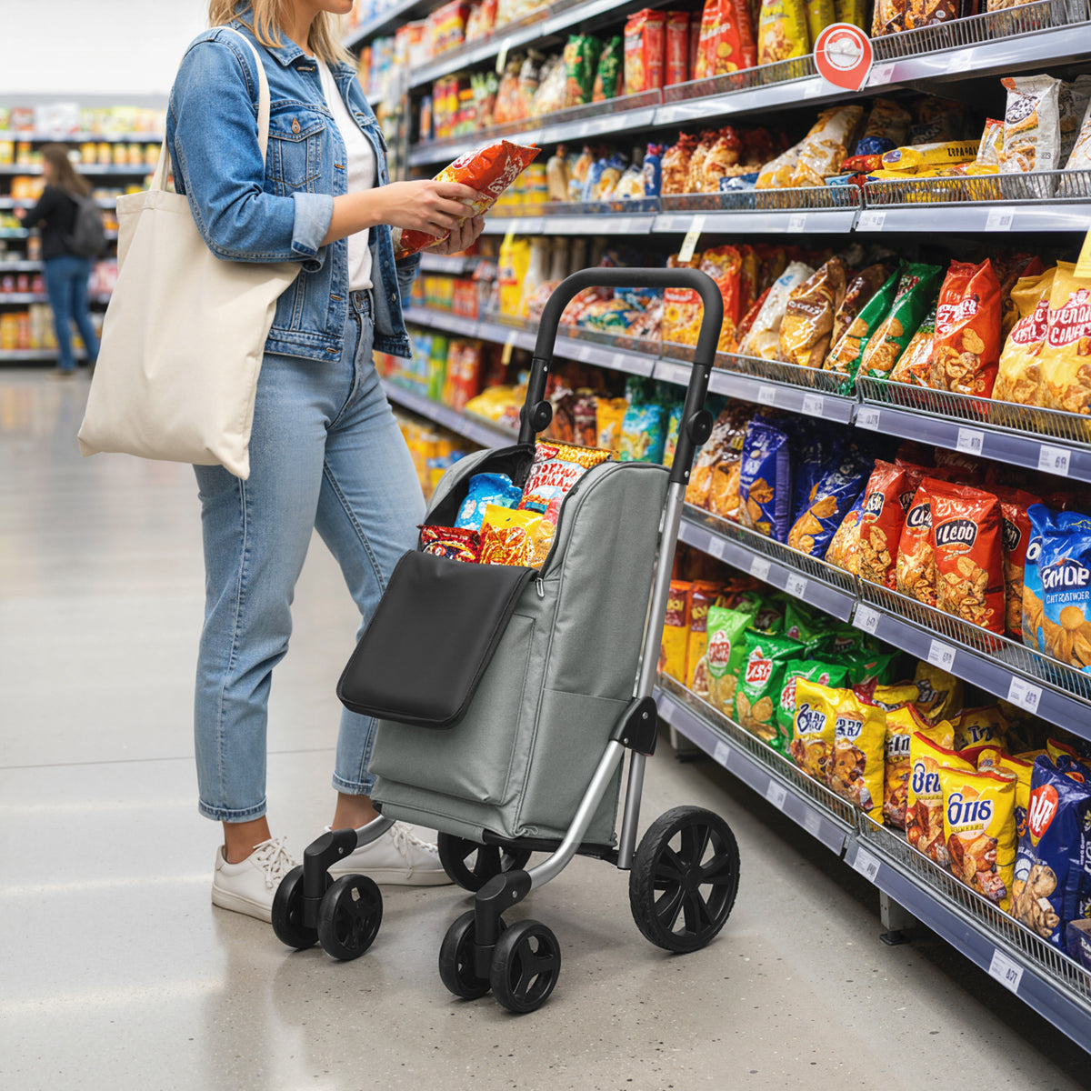 Einkaufstrolley, 46 Liter Tasche, Faltbarer Einkaufswagen mit K¨¹hltasche, verstellbarer Griff, Aluminiumrahmen, Grau