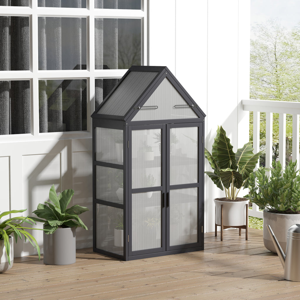 Frühbeet Mini Gewächshaus 3 Ebenen Treibhaus Pflanzenbeet mit aufklappbarem Dach Doppeltüren aus Holz Polycarbonat wetterfest Natur 70,5 x 42 x 132 cm