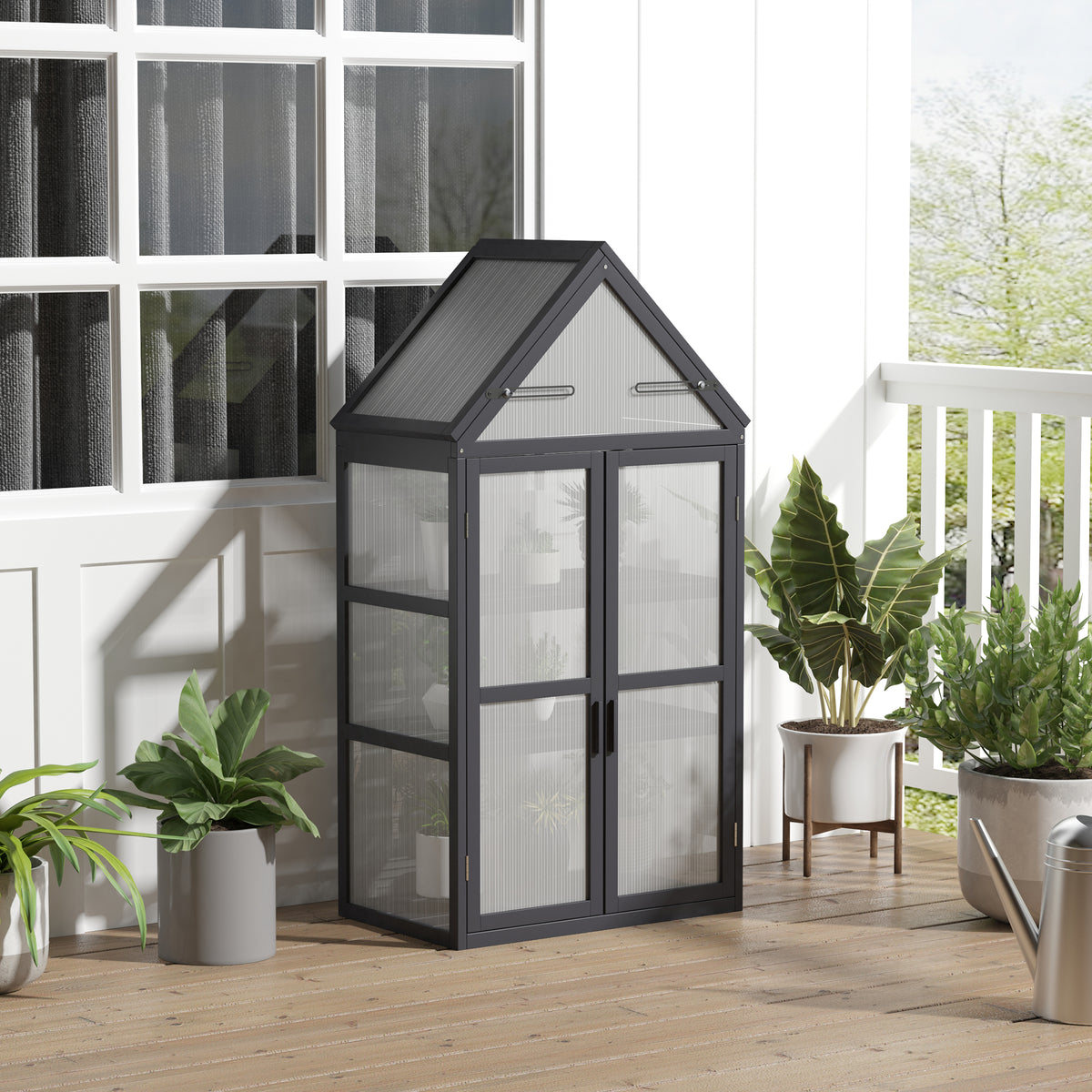Frühbeet Mini Gewächshaus 3 Ebenen Treibhaus Pflanzenbeet mit aufklappbarem Dach Doppeltüren aus Holz Polycarbonat wetterfest Natur 70,5 x 42 x 132 cm
