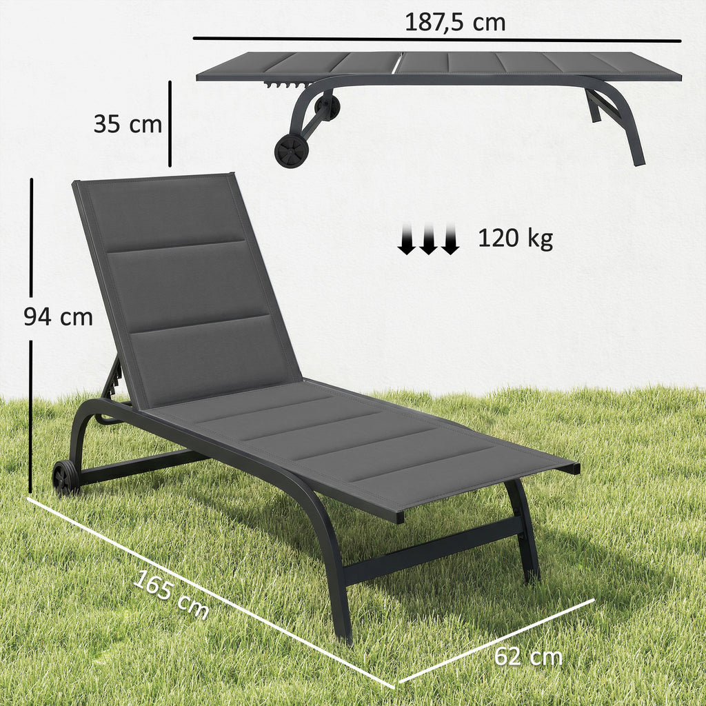 Sonnenliege Atmungsaktive Gartenliege mit 6-fach Verstellbar Rückenlehne Rädern Aluminiumrahmen Dunkelgrau