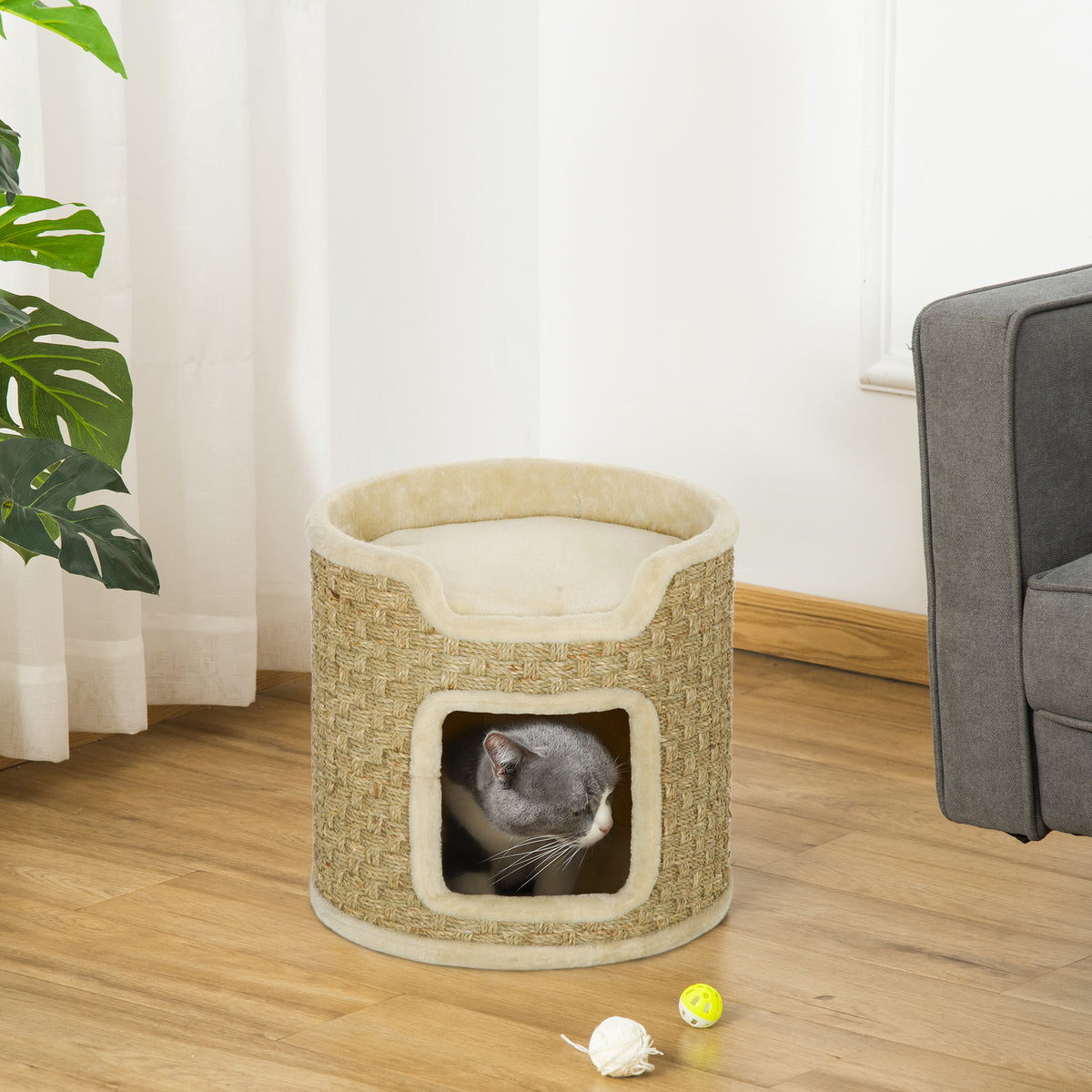 Katzenkratzbaum, Spiel- und Entspannungsbereich, Plüsch, Φ38 x 37H cm, Khaki-Beige, bis zu 5 kg