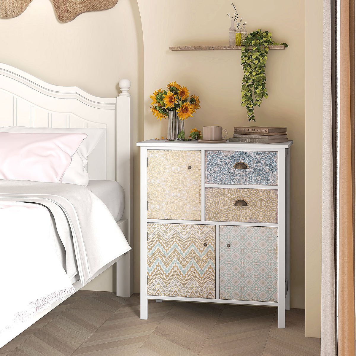 Sideboard, Shabby Chic Kommode, 2 Schubladen, 3 Schrankf?cher, Kiefernholz, 68x34x80cm, Wei?