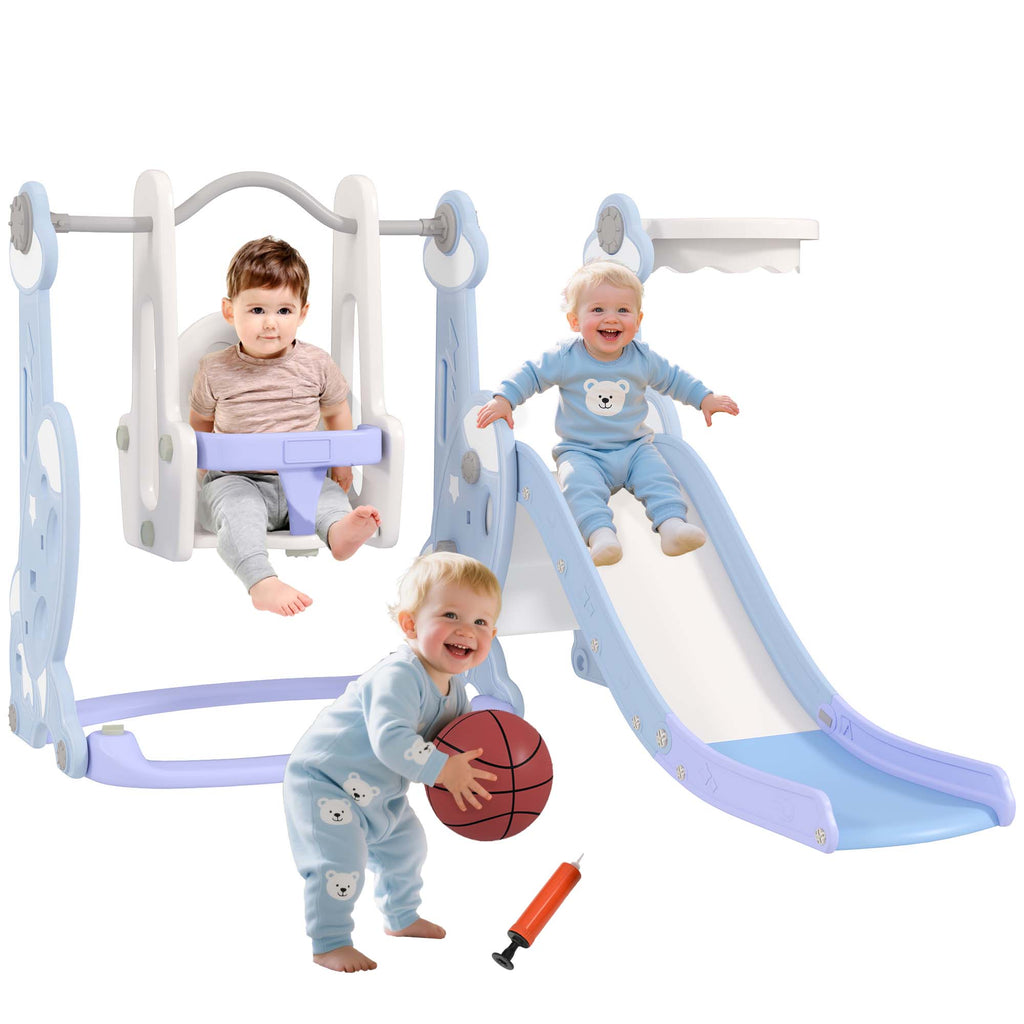 4-in-1 Indoor-Spielplatz, Rutsch- und Schaukelset f¨¹r Kleinkinder, Basketballkorb, Raketendesign, Kunststoff, Hellblau
