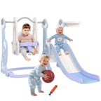 4-in-1 Indoor-Spielplatz, Rutsch- und Schaukelset f¨¹r Kleinkinder, Basketballkorb, Raketendesign, Kunststoff, Hellblau