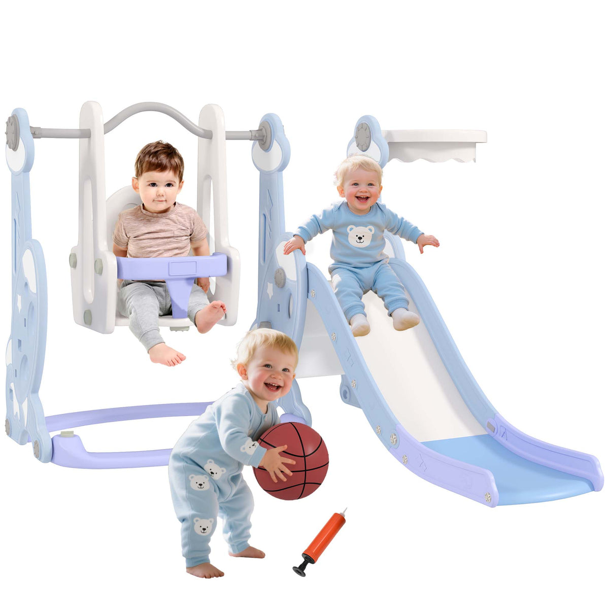 4-in-1 Indoor-Spielplatz, Rutsch- und Schaukelset f¨¹r Kleinkinder, Basketballkorb, Raketendesign, Kunststoff, Hellblau