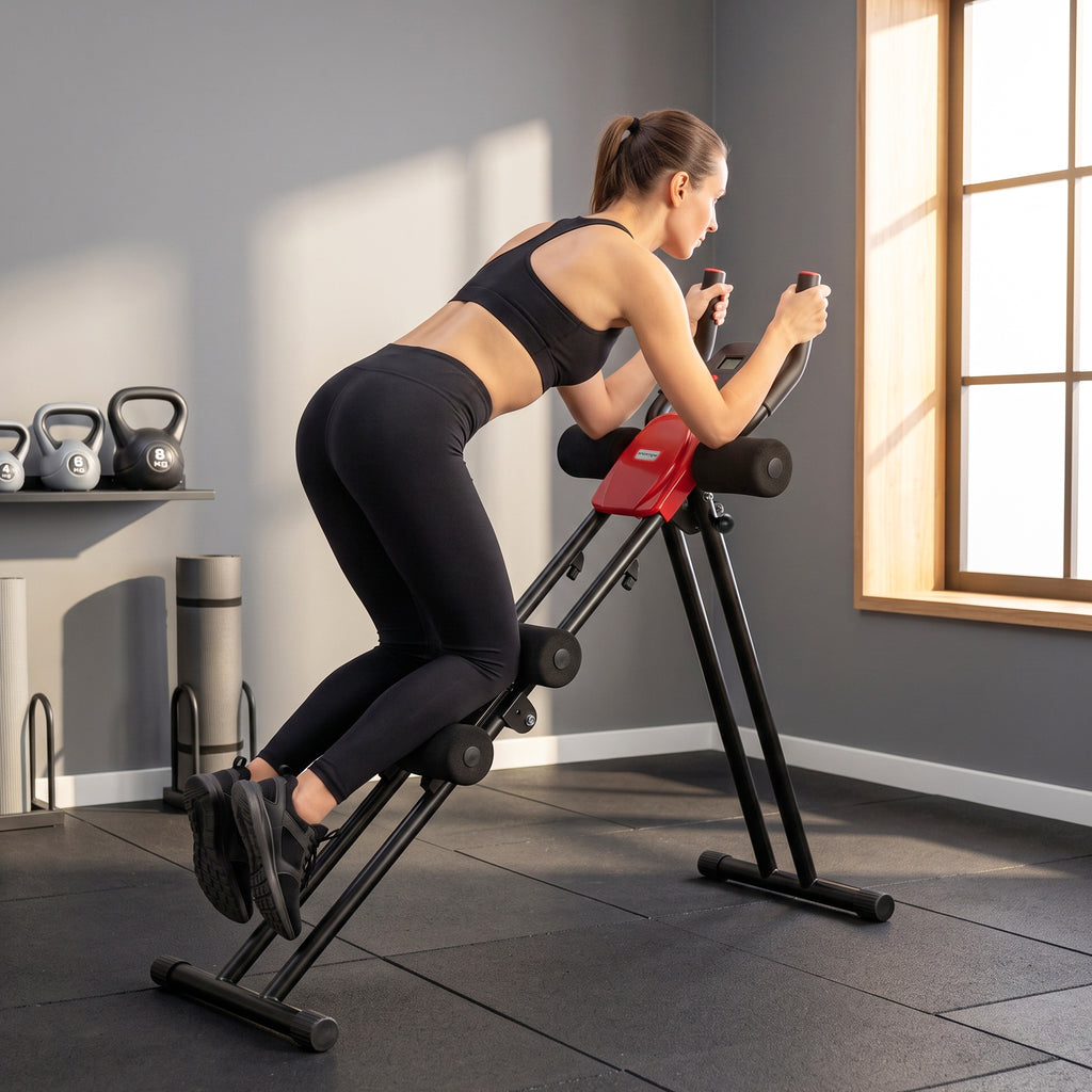 Bauchtrainer, Klappbarer Bauchmuskeltrainer mit LCD-Anzeige, Doppel-Schienen belastbar bis 120 kg, Stahl, Rot