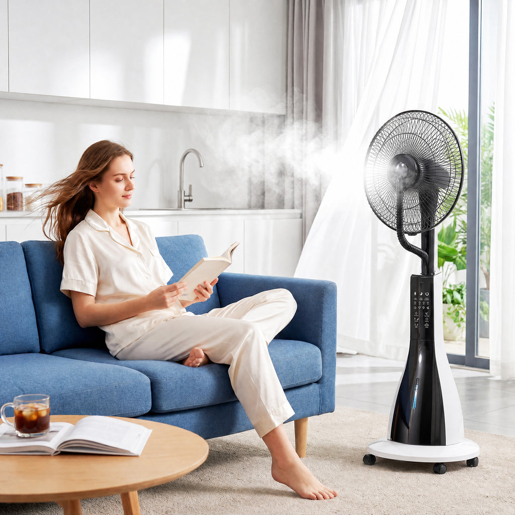 Ventilator mit Sprühnebel-Funktion, 75 Grad drehbar, 3 Geschwindigkeiten, 3 Modi, 3-Liter-Wassertank, Schwarz+Weiß
