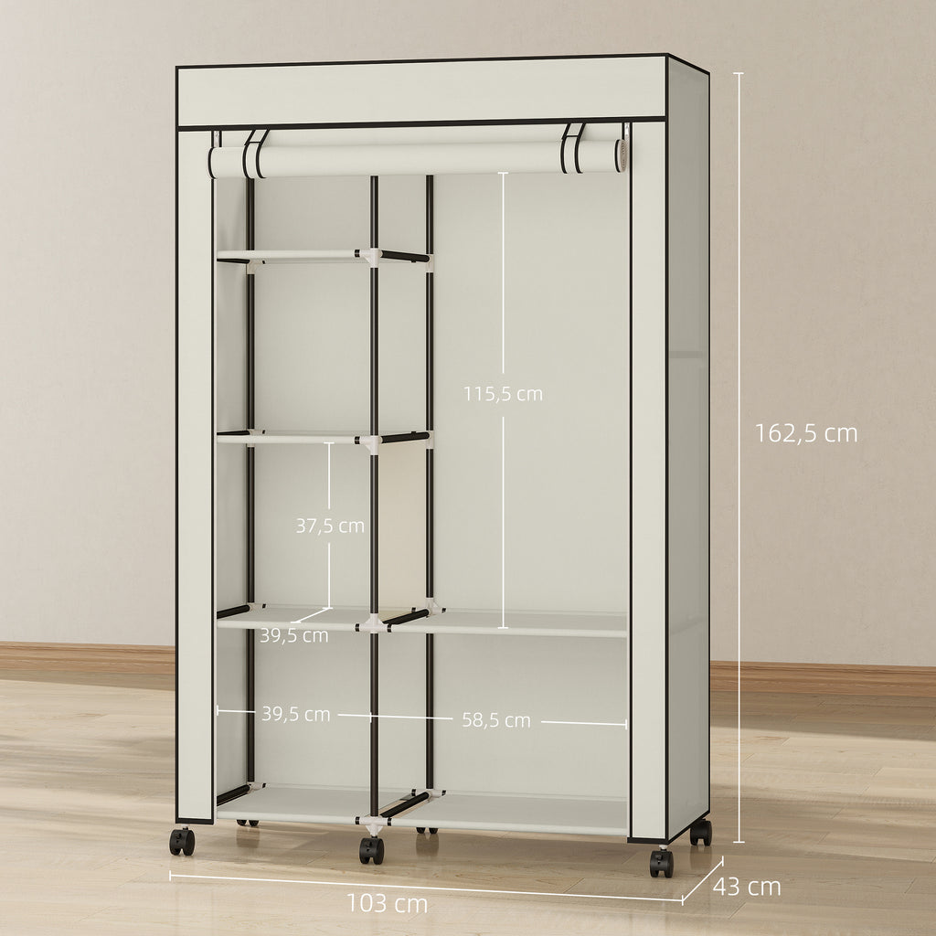 Schrank aus Stoff, Aufbewahrungslösung, 6 Regale, 1 Kleiderstange, Creme