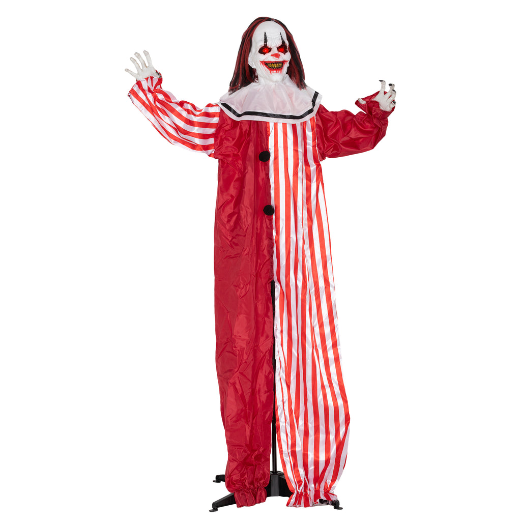 165 cm Life Size Halloween Animated Clown with Red Light Up Eyes, Sound Activated Moving Body, Scary Clown Halloween Decorations, Battery Operated, Indoor Party Props