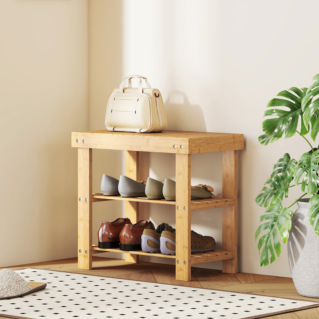 Two Shelf Bamboo Shoe Storage Bench - Natural Finish
